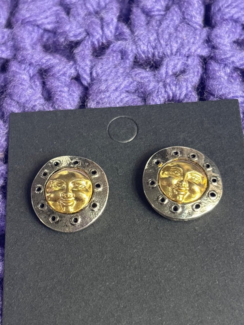 Vintage Goldtone Silvertone Stud Earrings Moon Face 5/8 inch